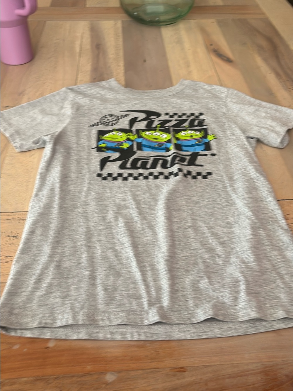 Disney Gray Tee with Neon Green Alien Pizza Planet Graphic